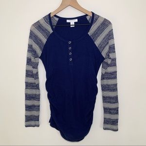 Motherhood Maternity Waffle Weave Navy Henley Knit Striped Sleeves, S